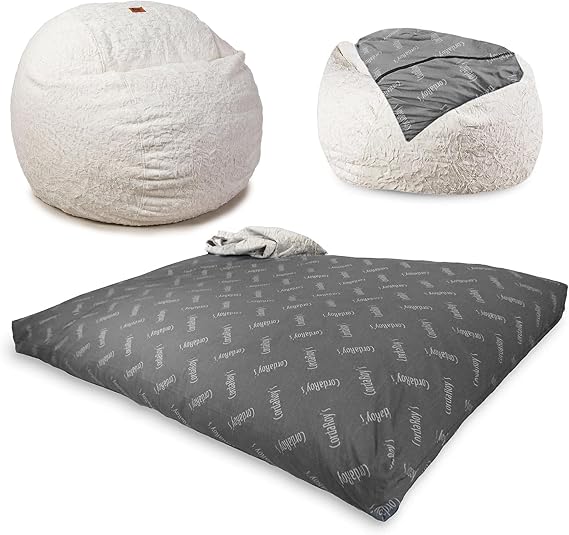 CordaRoy's Faux Fur Bean Bag Chair, Convertible Chair Folds from Bean Bag to Bed, As Seen on Shark Tank - White, Full