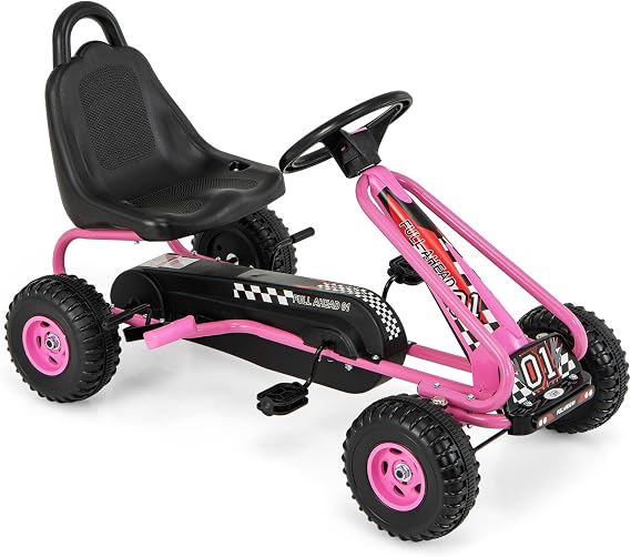 HONEY JOY Pink Go Kart for Kids, 4 Wheel Pedal Powered Go Cart with Steering Wheels & Adjustable Seat, Safety Hand Brake, Non-Slip Tires, Outdoor Off-Road Racer Ride On Pedal Car for Boy Girl (Pink)