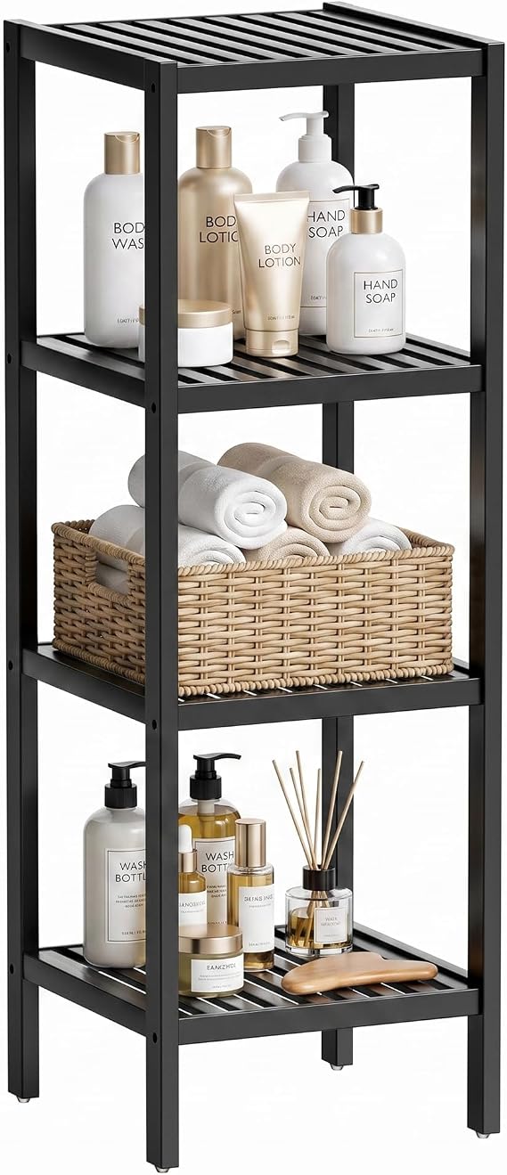 SMIBUY Bathroom Storage Shelf, 4-Tier Bamboo Rack Organizer, Multifunctional Shelving Unit for Living Room Bedroom Kitchen (Black)