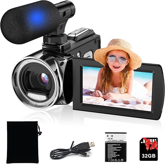 Video Camera Camcorder, 4K Camcorder 48MP 18X Digital Video Camera for YouTube 3.0'' 270 Degree Rotation Screen Video Recorder Vlogging Camera with Microphone and 32G Card