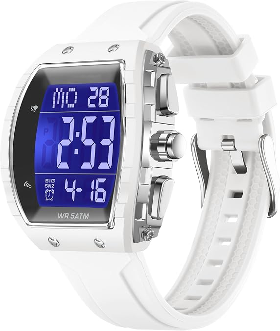 findtime Men's Digital Watch Tonneau Sports Wristwatch Waterproof Fashion Big Number LED Alarm Men Watch Calendar Dual Time Casual Silicone Strap