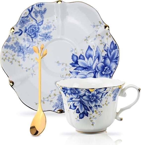Country Roses Porcelain Tea Cup and Saucer Set with Gold Trim, Vintage Style, For Women and Tea Parties (1, Blue)