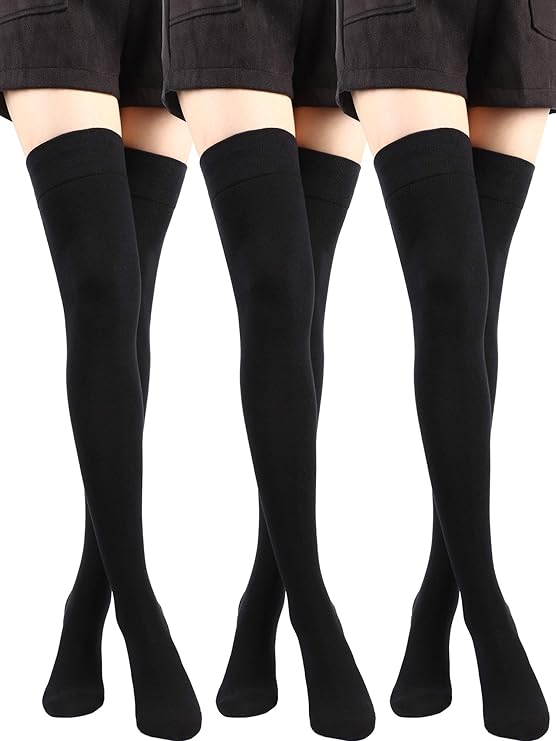 SATINIOR 3 Pairs Thigh High Socks Cotton Over Knee Black Socks