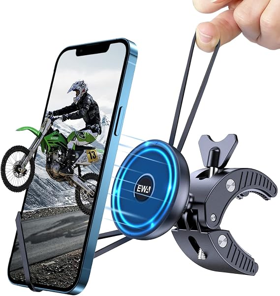 EWA Universal Magnetic Bike Phone Holder - 360 Rotating Motorcycle Handlebar Mount, Secure Grip with Silicone Bands, MagSafe Compatible for Indoor Cycling,Treadmill,Spin Bike,Elliptical