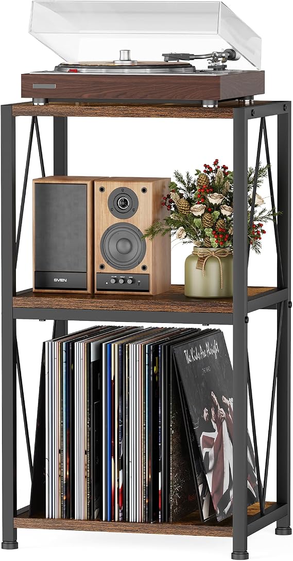 HFHOME Vinyl Record Storage 3 Tier Side Table, Record Player Cabinet for Vinyl Storage and Display, Turntable Stand in Living Room, Bedroom, Music Room