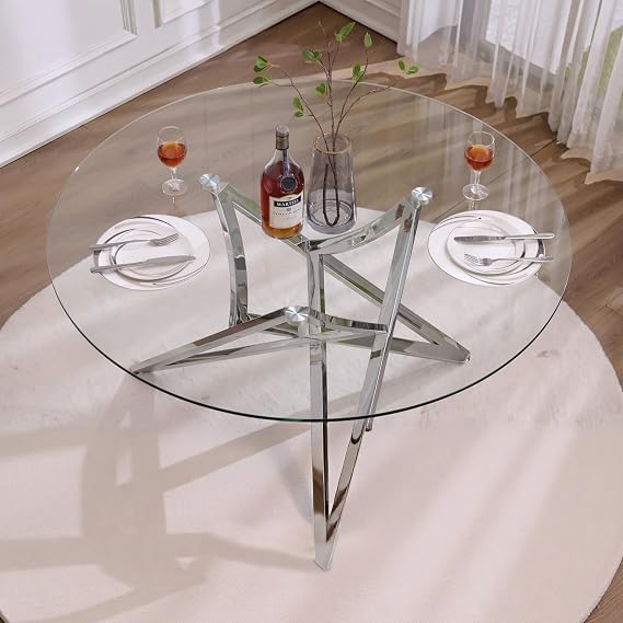 47" Round Dining Table, Modern Glass Kitchen Table with Silver Legs