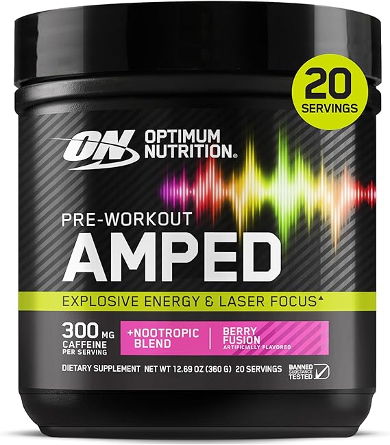 Optimum Nutrition Amped Pre-Workout, with Citrulline, Beta-Alanine, Nootropics and 300mg of Caffeine for Energy, Berry Fusion, 20 Servings (Packaging May Vary) | Pre-Workout with L-citrulline, Beta-Alanine, Electrolytes, Nootropic blend with 300mg of Caffeine & Neumentix(r), Zero Sugar