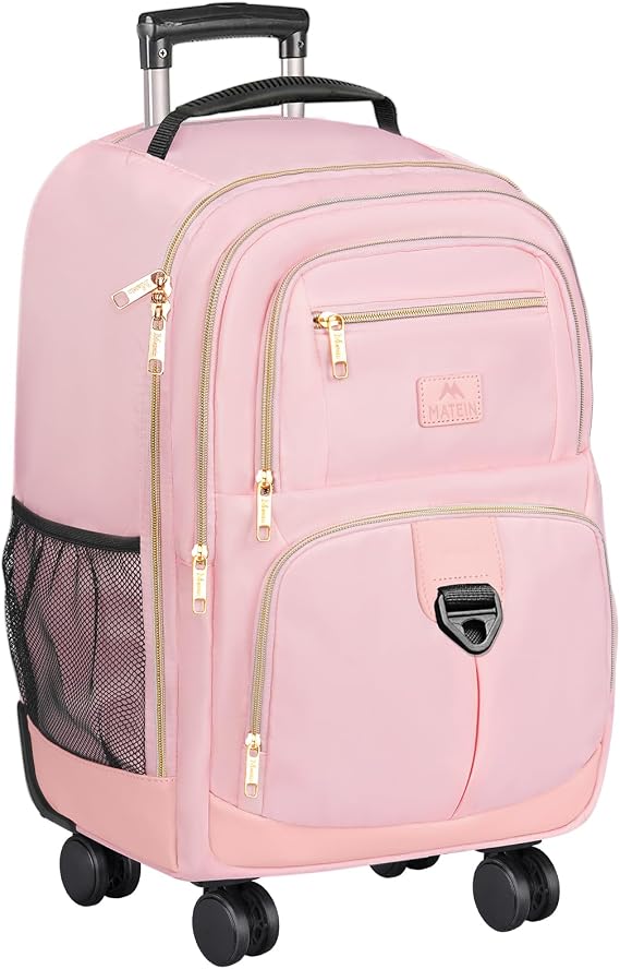MATEIN Pink Rolling Backpack, Roller Laptop Bag with 4 Spinner Wheels