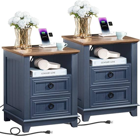 Joaxswe 18" Farmhouse Night Stands Set of 2 with Charging Station, 2 Drawers End Table Dresser for Bedroom, Blue Wooden Nightstand, Bed Side Table with Open Shelf, Bedside Cabinet for Living Room