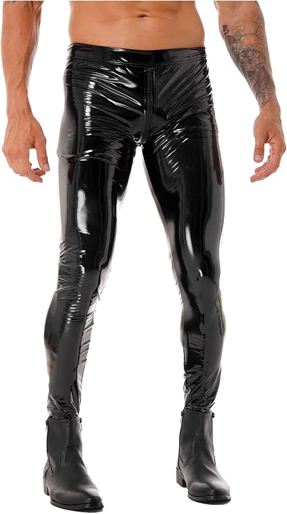 Hedmy Mens Wet Look Faux Leather Bulge Pouch Long Pants Leggings Muscle Tights Trousers Clubwear