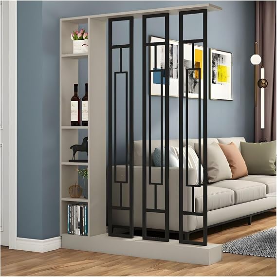 Wall Room Divider with Shelves, Modern Freestanding Wood Room Dividers Bookshelf with Storage Cabinet, Room Divider Bookcase for Home Bedroom Decoration Decorative(Khaki Gray Black,100CM/39.5IN)