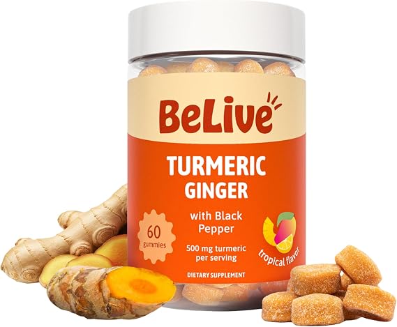 BeLive Turmeric and Ginger Gummies for Joint and Mobility Support, 60 Count | 500mg Turmeric Curcumin Supplement with Black Pepper for Enhanced Absorption, Immune & Antioxidant Support, Tropical Flavor