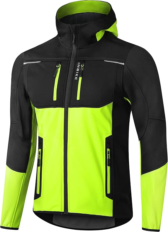 INBIKE Hooded Cycling Bike Jacket Men Running Biking Windbreaker Reflective Windproof Thermal Fleece Lined Bicycle Coat