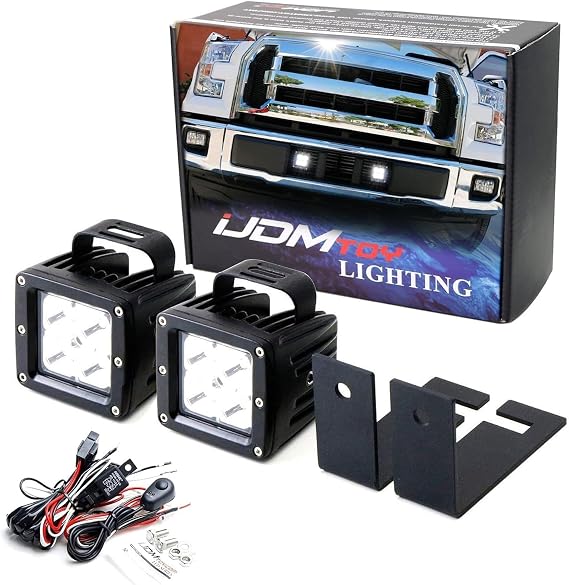 iJDMTOY LED Pod Fog Lamp Kit Compatible with Ford 2015-2020 F150 XLT Lariat or Limited, Incl (2) 20W High Power LED Cubes, Lower Bumper Grille Area Mounting Brackets & On/Off Switch Wiring Kit