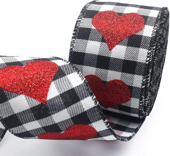 Hying Valentine's Day Heart Ribbons for Gift Wrapping, 2.5"10 Yards Black White Buffalo Plaid Ribbons Glitter Red Burlap Craft Ribbons Bows for Valentines Party Wedding Decoration Supplies