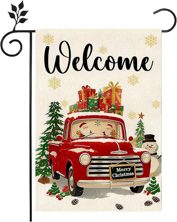 Christmas Truck Small Decorative Garden Flag,12x18 Inch Double Sided Outside Farmhouse Yard Lawn Outside Decor, Winter Holiday Burlap Outdoor Home Decoration Flag