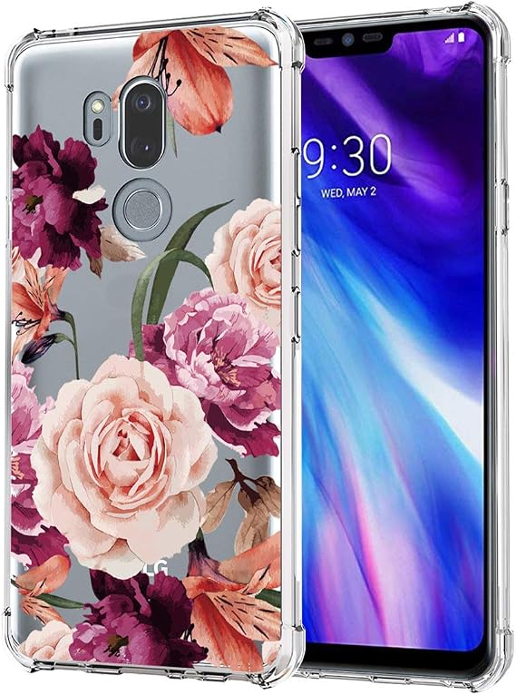 Case for LG G7 ThinQ, Slim Shockproof Clear Floral Pattern Soft Flexible TPU Back Phone Protective Cover for LG G7 ThinQ Purple Flower