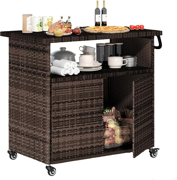 U-MAX Outdoor Grill Table with Storage Kitchen Island Prep Table Rattan Storage Cabinets Outdoor Grill Cart for Patio, Outside, Backyard, Bar, BBQ Serving Cart Cooking Grilling Station