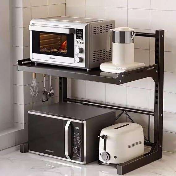 Extendable Microwave Oven Rack, Adjustable Microwave Rack Toaster Shelf, Countertop Kitchen Utensils Tableware Storage, Freestanding Metal Storage Organizer for Kitchen(Black,2-tier)