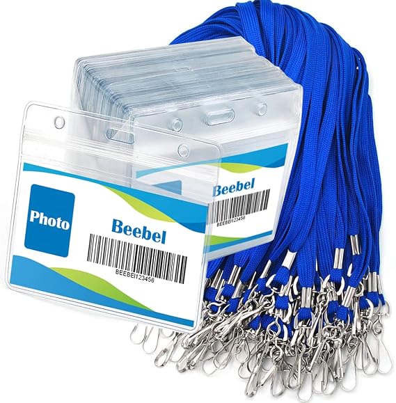Beebel Lanyard with Waterproof ID Card Holder 50Pcs Clear Plastic Horizontal Name Tags Badge ID Card Holders and 51Pcs Lanyards with Swivel J Hook(Blue)