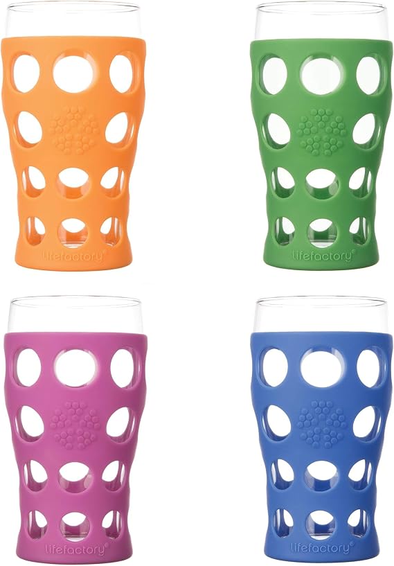 Lifefactory 20oz Beverage Glasses, Silicone Sleeve, 4 Pk, Assorted Color | Protective Silicone Sleeve, Dishwasher Safe, BPA Free, Reusable, Great for Entertaining & Everyday Use, Assorted Colors