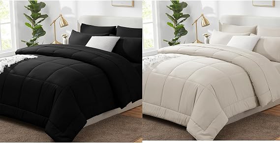 CozyLux Queen Size Comforter Sets Black & Beige 7 Pieces Bed in a Bag Set Beige, Bedding Sets Queen with All Season Quilted Comforter, Flat Sheet, Fitted Sheet, Pillowcases