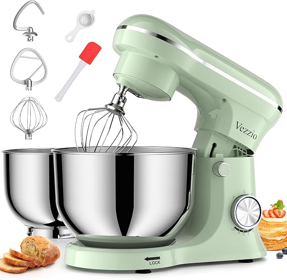 Vezzio Stand Mixer with 5QT+6QT Dual Bowls, 10-Speed Electric 1500W Food Mixer - Includes Egg Whisk, Dough Hook & Flat Beater for Home Baking & Daily Cooking (Green)