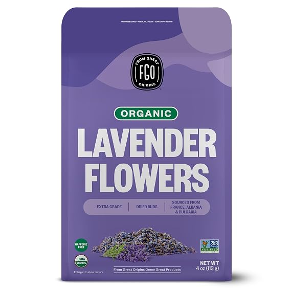 FGO Organic Dried Lavender Flowers, Extra Grade Dried Buds, Imported From France for Culinary or Sachet Bags, 4oz, Packaging May Vary (Pack of 1)