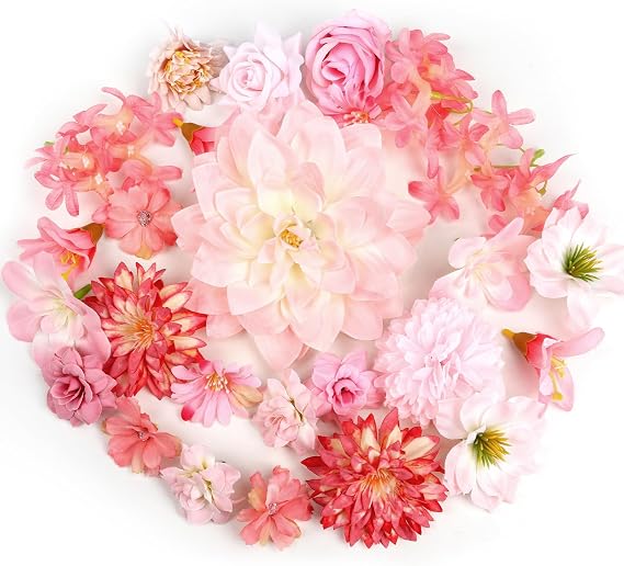 QUOZUO Artificial Flower Heads, Mini Silk Roses Peonies Daisy Pink Floral Fake Flower Heads for DIY Wreath Gift, Cake Decorations, Table Centerpieces, Party Wedding Home Decoration, 26PCS