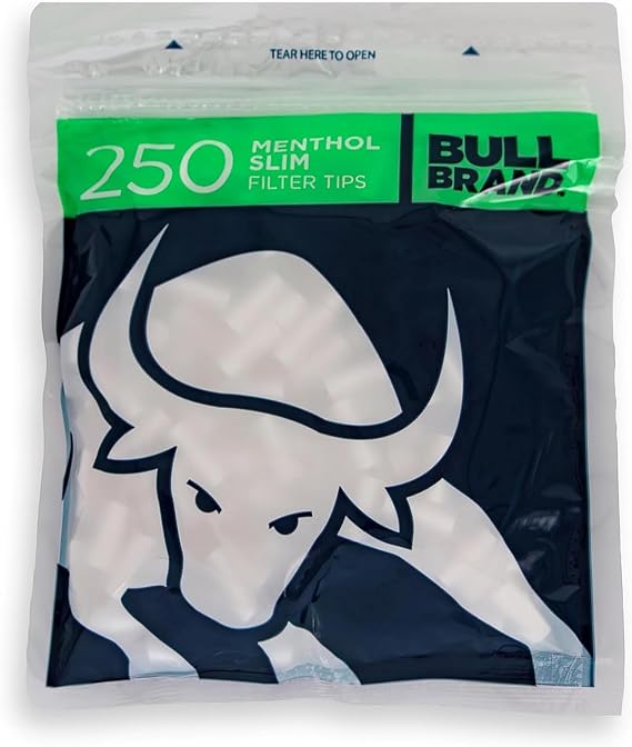 BULL BRAND Menthol Filter Tips - Quality Paper Wrapped Slim Menthol Filters with Cool Taste in Re-Sealable Bag for Freshness - 20 Packs of 250 Pieces (Total 5000 Pieces)