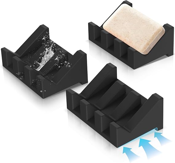 Silicone Soap Dish,3PCS Self Draining Soap Holder for Shower,Black