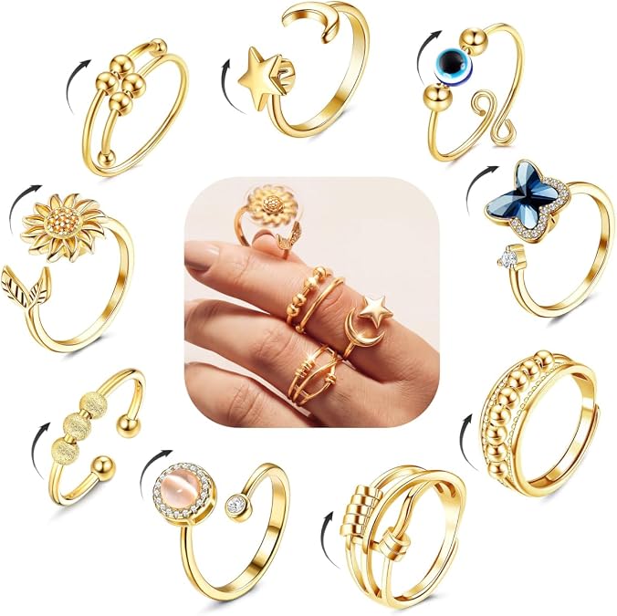 FIBO STEEL 9 Pcs Fidget Anxiety Rings for Women Men Spinner Rings for Anxiety Relieving Stress Open CZ Flower Moon Star Anti Rotatable Rings Adjustable