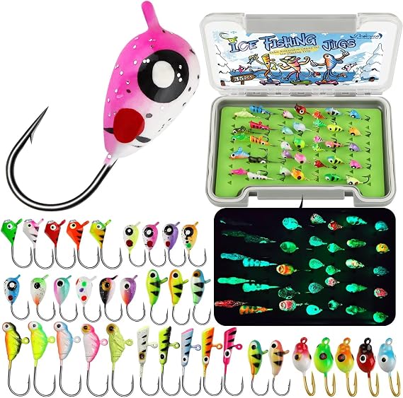 Dovesun Ice Fishing Jigs Kit Glow in The Dark Fishing Gear Lures 35 Pcs Ice Jig Head with Tackle Box for Panfish Walleye Crappie Perch Bluegil Trout