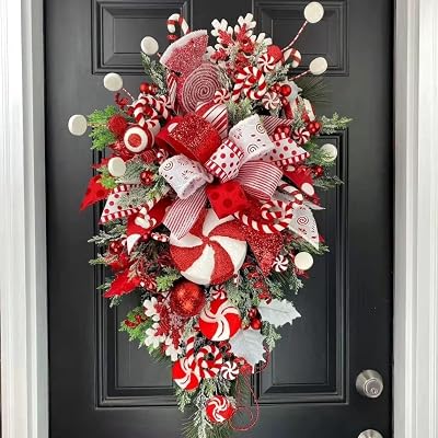 Christmas Tree Wreath for Front Door - Festive Floral Garland with Red Berries and Holiday Ornaments, Christmas Decor for Entryway, Indoor and Outdoor Displays