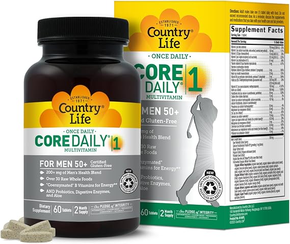 Country Life CORE Daily-1 Multivitamin for Men 50+, 60 Tablets | Coenzymated B vitamins support energy metabolism with whole foods, probiotics and digestive enzymes