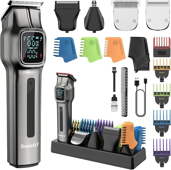 SweetLF Beard Trimmer for Men: 12-in-1 Professional Mens Grooming kits -180Min Runtime Cordless Hair Clippers - IPX7 Waterproof Electric Razor with Dual Speed & LED Display&Travel Lock, USB-C Charging