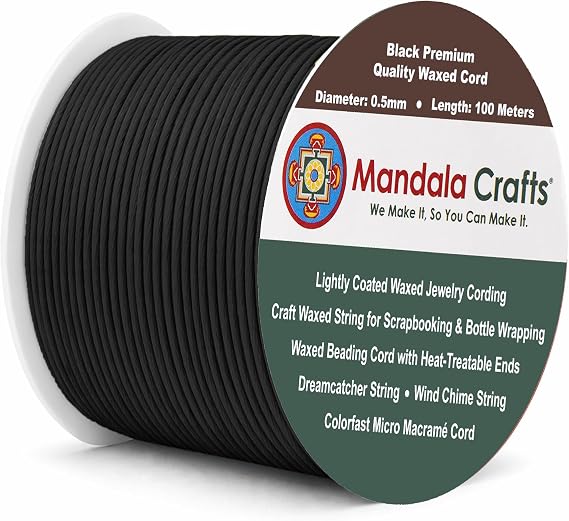 Mandala Crafts 0.5mm Black Cotton Waxed Cord for Jewelry Making, 109 Yards Waxed Cotton String for Decorative Knotting and Accessory Assembly