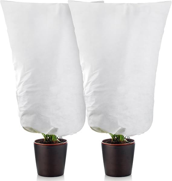 Alpurple 2 Packs Large Size Winter Drawstring Plant Covers- 39 x 63 Inch Warm Plant Protection Cover Bags, Frost Cloth Blanket Protecting Fruit Tree Potted Plants from Freezing Animals Eating