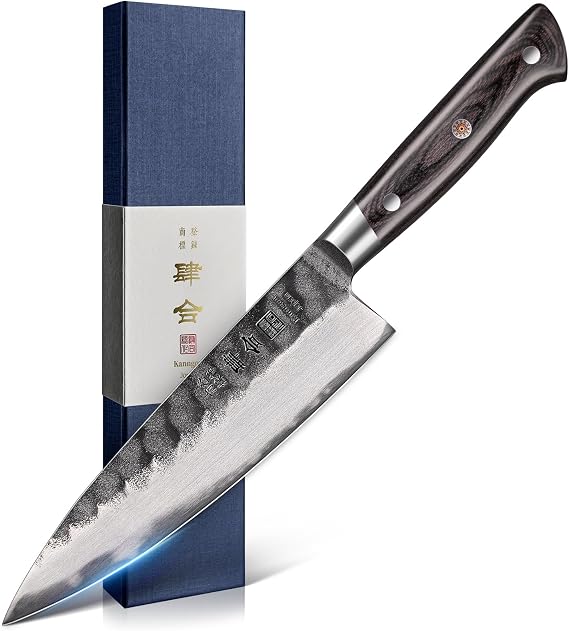 kanngou 8 Inch Chef Knife, Japanese Chefs Knife Black Forged Kitchen Knife with AUS-8 Alloy Steel  Tang Pakkawood Handle, Christmas Gift with Premium Box