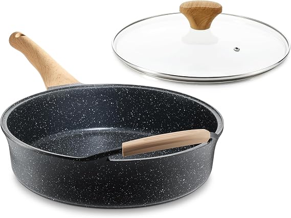 Deep Nonstick Frying Pan with Lid, 4.5 QT Swiss Granite Coating Saute Pan, 12 Inch Healthy Non Stick Skillet Cooking Pan and Helper Handle with Silicone Cover, PFOA Free, Induction Ready.