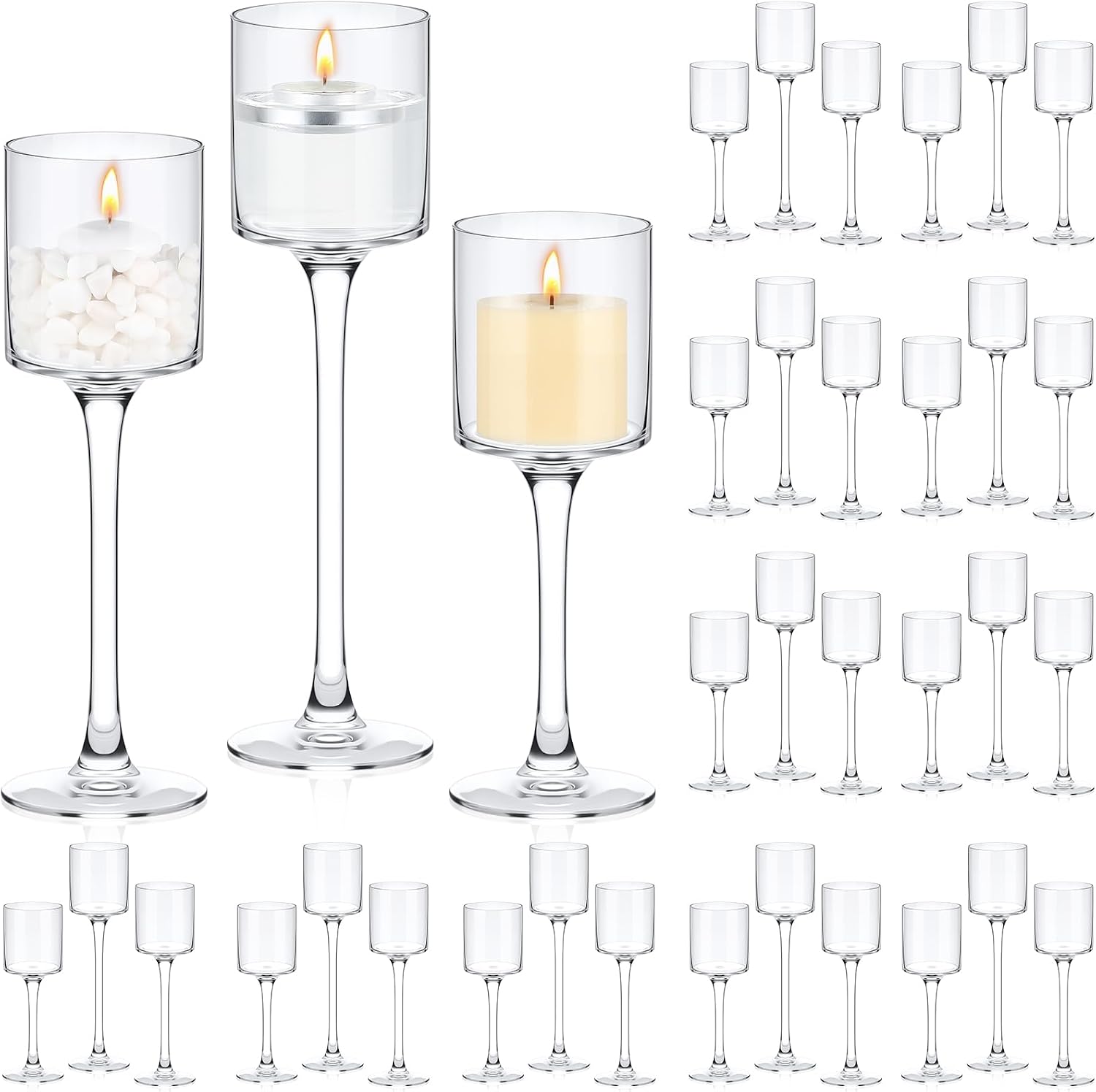 Yaomiao 36 Pcs Tall Glass Candle Holder Clear Tea Light Candle Floating Holder for Wedding Party Dining Bathroom Table Centerpiece Pillar Settings, 3 Sizes 7.87& 9& 10.2 H