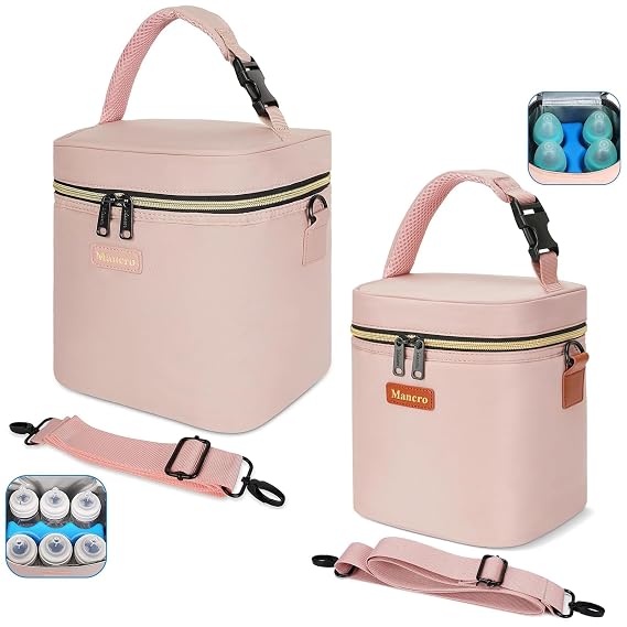 Mancro Insulated Baby Bottle Cooler Bag with Ice Pack Holds 4-6 Bottles, Leak-Proof, Waterproof, Adjustable Strap, Ideal for Daycare & Travel, Pink