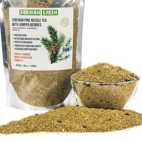 Siberian Green Pine Needle Tea Loose Powder with Juniper Berries 200g (7.05oz) Wild Harvested Pinus Sibirica Juniperus