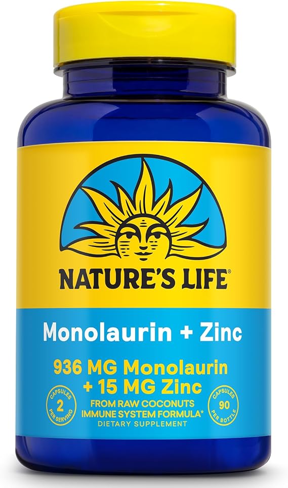 Nature's Life Monolaurin Plus Zinc Immune Support Supplement - 936mg Monolaurin from Raw Coconuts, Zinc 15mg, Supports Gut Health, Balanced Gut Flora, 45 Serv, 90 Vegetarian Capsules