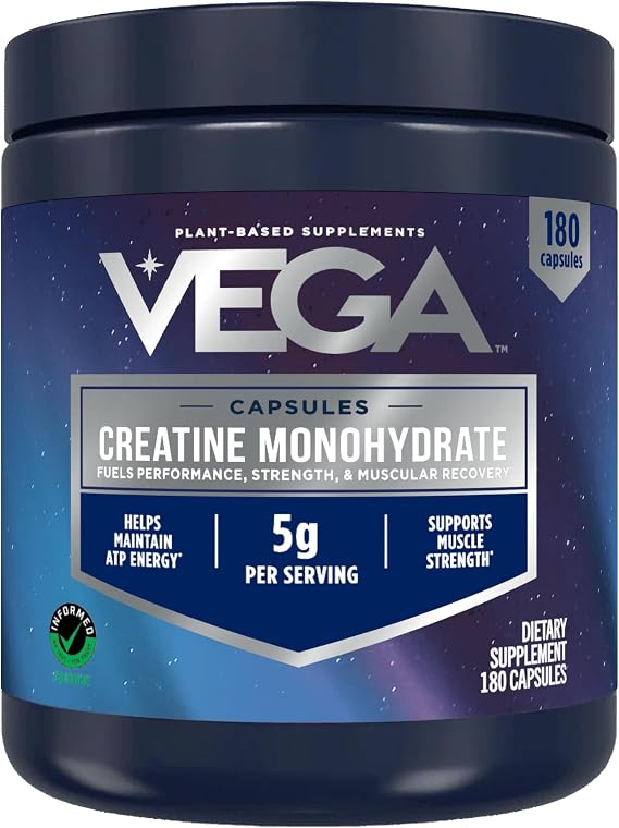 Vega Creatine Monohydrate Capsules, 5g Micronized Creatine Powder per Serving, for Lean Muscle, Support Cognitive Function, Pure, Unflavored, Sugar Free, 180 Pills (30 Servings)