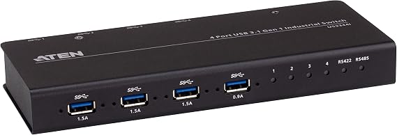 ATEN US3344I 4 x 4 USB 3.2 Gen 1 Industrial Hub Switch, Includes Mounting Kit, Remote Port Selector and Terminal Block Adapter Set