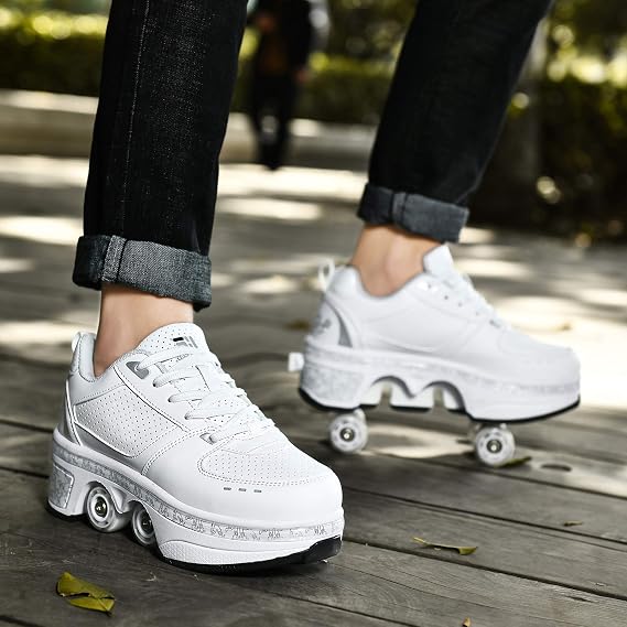 Double-Row LED Deform Wheel 2 In 1 Removable Pulley Skates Skating Deformation Automatic Walking Shoes Invisible Roller Skate,Silver(withLight)-EU34/UK1.5