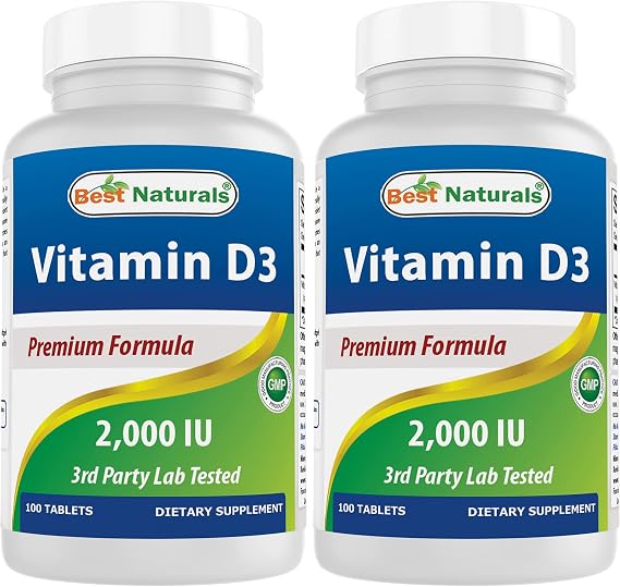 Best Naturals Vitamin D3 2000 IU (50 mcg) - 100 Tablets - 100 Days Supply - Helps Support Immune Health, Strong Bones and Teeth, Muscle Function (100 Count (Pack of 2))