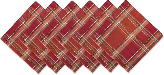 DII Autumn Pumpkin Spice Kitchen Collection Fall/Thanksgiving Cotton Table Decor, Square Napkin Set, 20x20, Orange Plaid, 6 Piece