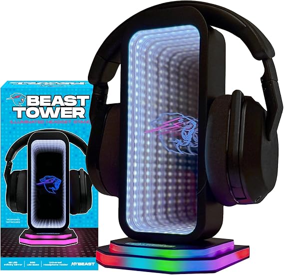 Feastables Beast Tower MrBeast Gaming Headphone Stand | RGB Light Display with Infinity Mirror Effect and Logo | Universal Headset Holder; USB Powered Desk Computer Accessory for Gamers and Streamers